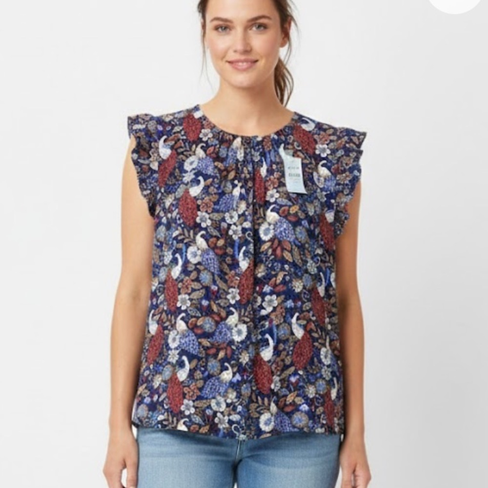 LOFT Floral Cap Sleeve Blouse - Navy and Burgundy